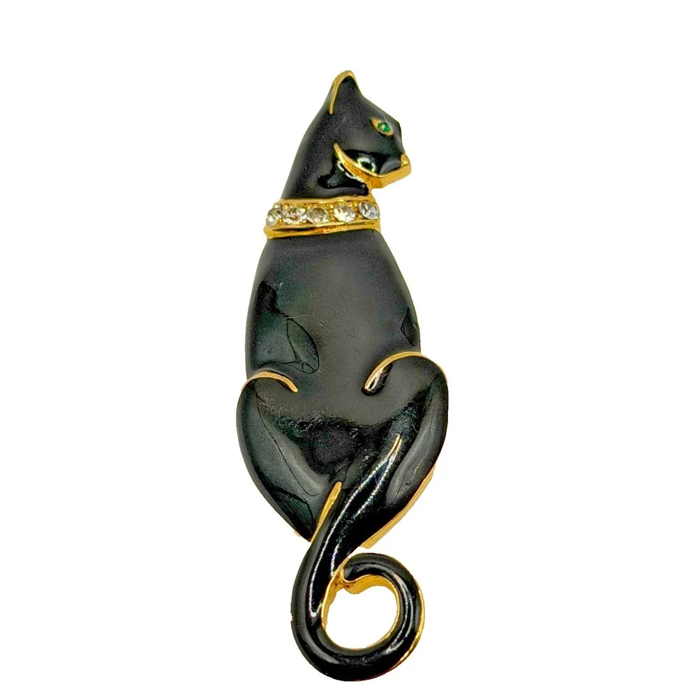 Vtg Trifari Black Enamel Cat‎ Brooch Gold Tone Rhinestone Collar Green Eye Pin
